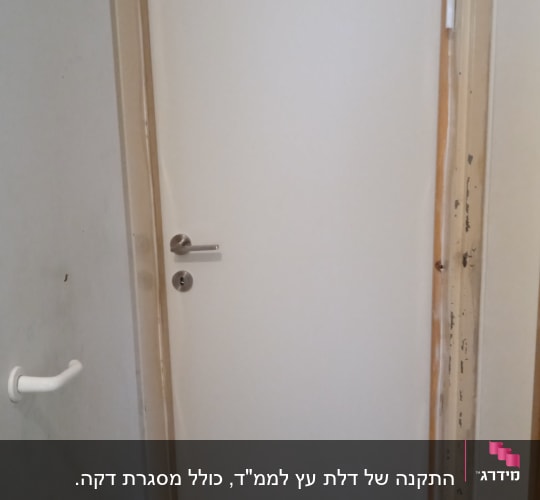 דלת לבנה עם ידית מתכת כסופה ומשקוף עץ